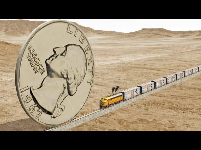 Trains vs Giant Quarter Dollar - BeamNG.drive