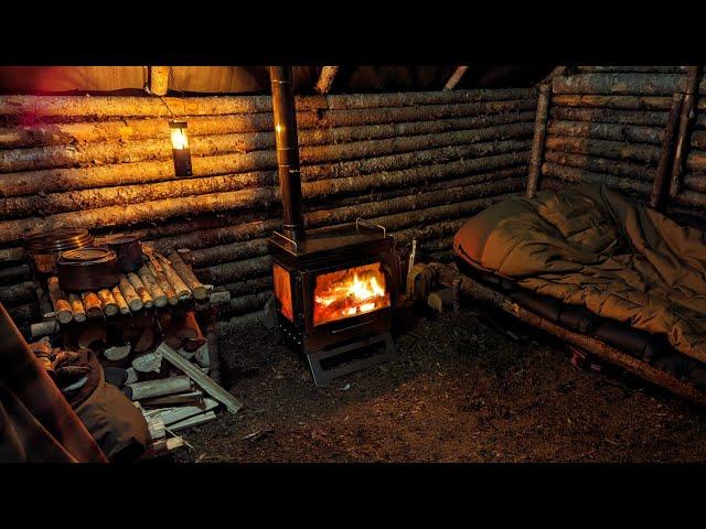 Warm and Cozy Tiny Bushcraft Cabin with Wood Stove – Winter Camping in Rain