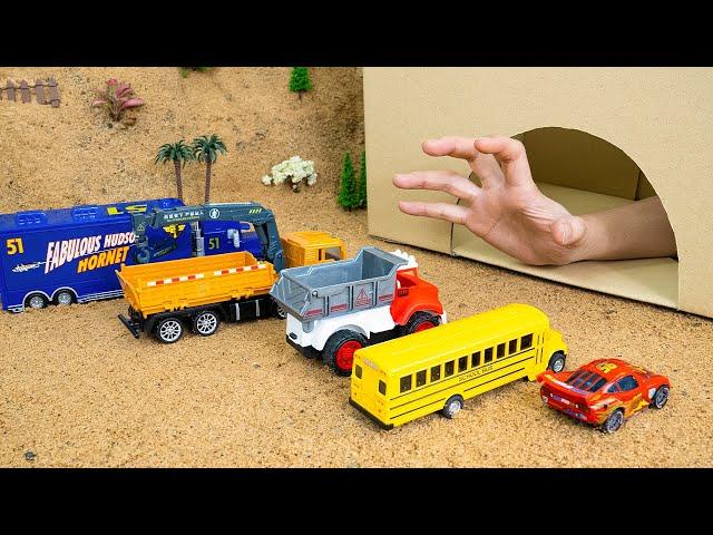 Rescue car toy vs mini tractor toys from monster in cave | Diy tractor mini concrete bridge