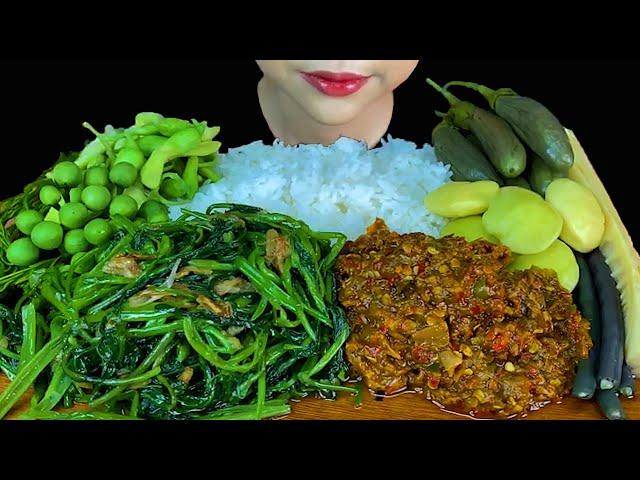 EATING GREEN VEGGIES|| Spicy Chilli Sauce, Stir Fried Water Spinach, Jengkol