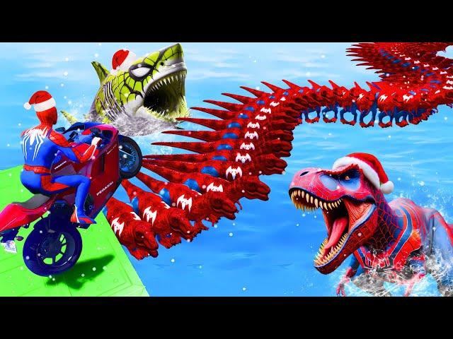 GTA V SPIDER-MAN, Superheroes by Quad Bike Ride Over the Sea on the Spider Shark Bridge by T-Rex