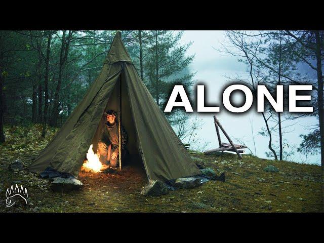 Solo Bushcraft in the Rain | Unique Bowdrill,  Bushcraft Chair Build, Campfire Inside Tent