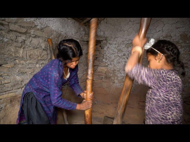 dharme brother's daughters are grinding rice in the stone || Traditional technology || @ruralnepall