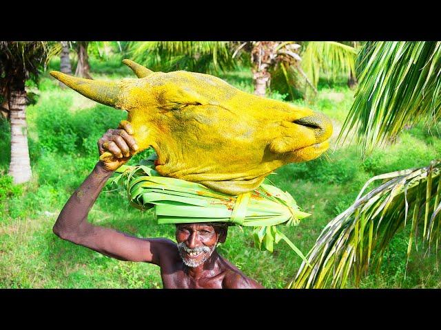 MONSTER WILD BEEF HEAD RECIPE | Cutting and Cooking Beef Head | Traditional Village Food |Grandpa