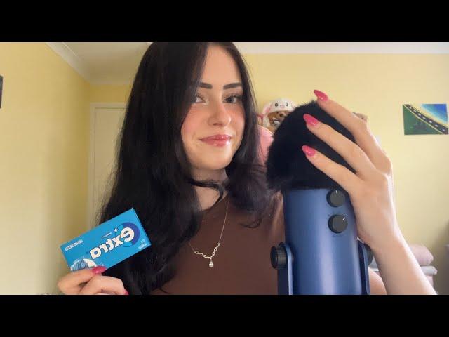 ASMR soft spoken ramble + gum chewing & fluffy mic scratching 