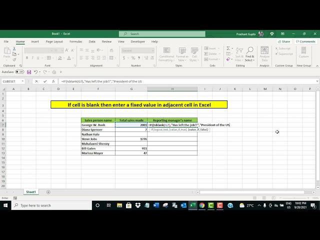 if cell is blank then enter a fixed value in adjacent cell in Excel