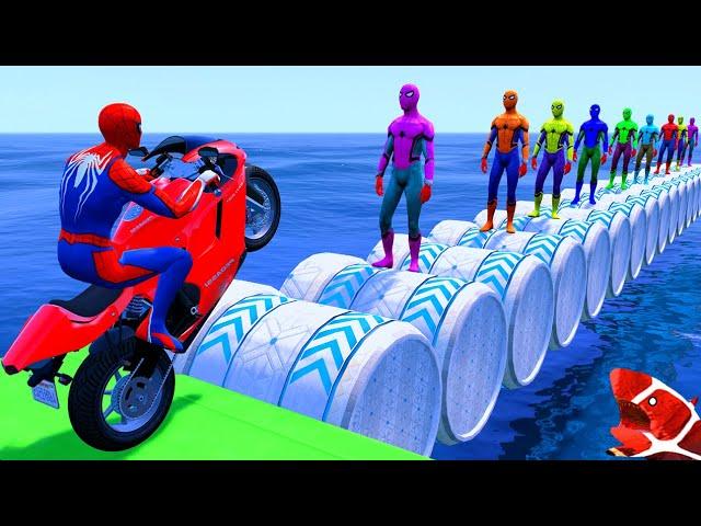 الأبطال الخارقين على القضبان دوامة قمع جسر ️‍SPIDER MAN!on Motorcycle in Spiral Bridge Stunt Rid