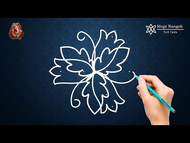 Simple and easy latest flower design rangoli 7x4 dots | Flower kolam for Navaratri and Deepavali