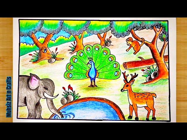 Forest drawing | Wildanimals drawing| Forest scenery drawing with animals| jungle drawing