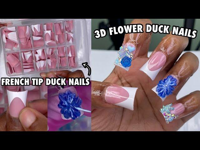 NOVO OVO Pre Made French Tip Duck Nail Tips | Blue Blingy 3D Flower Nails | Amazon Nail Finds