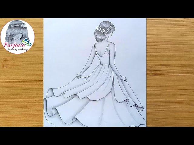 How to draw a girl with beautiful dress -step by step || Pencil sketch for beginners || Girl Drawing