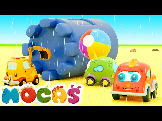 Mocas Little Monster Cars build a sand castle! New episodes & baby cartoons about trucks & vehicles.