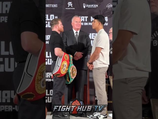 Canelo SIZES UP Jaime Munguia in face off & FLEXES undisputed belts!