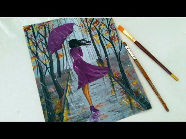 Easy Rainy season scenery drawing for beginners|| A girl walking in the Rain acrylic painting||