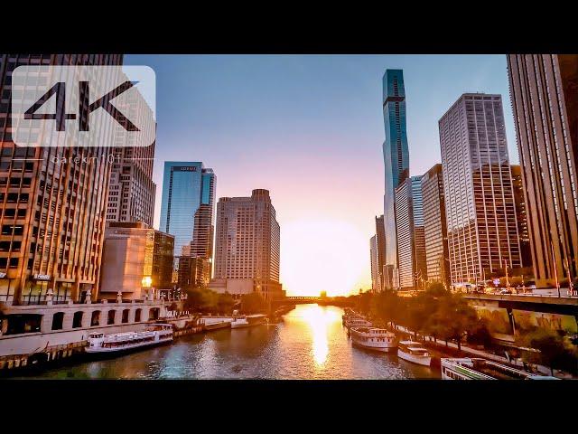 Chicago Riverwalk virtual run / walking tour during spectacular sunrise. [4K]
