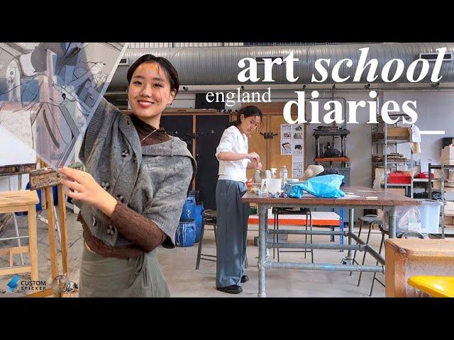 art school in england: silkscreen, ceramics, sketchbook, textile art