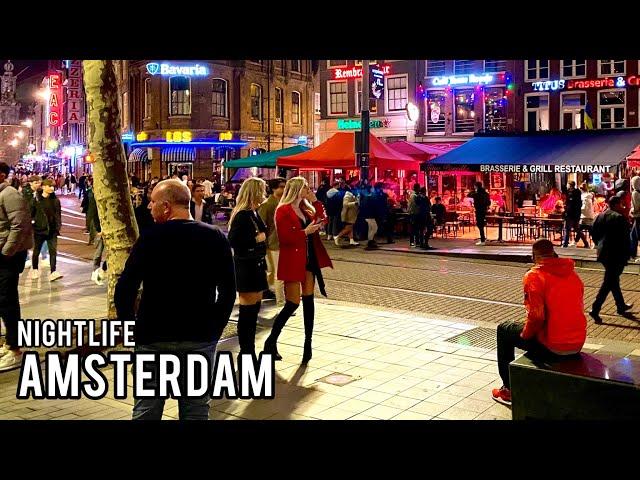  4K Amsterdam Nightlife Area, Rembrandt Plein at Night. Saturday Party Walking.