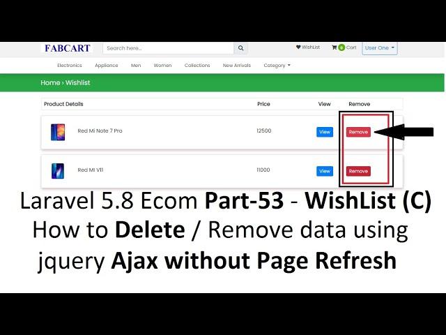 Laravel5.8 Ecom Part-53 WishList (C): Delete/Remove data using jquery Ajax without Page Refresh