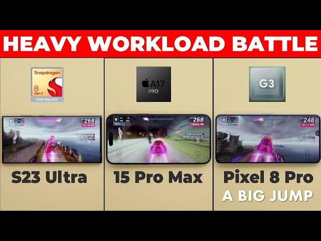 Pixel 8 Pro vs iPhone 15 Pro Max vs S23 Ultra - Heavy Workload Test (Speed, Battery & Thermals)