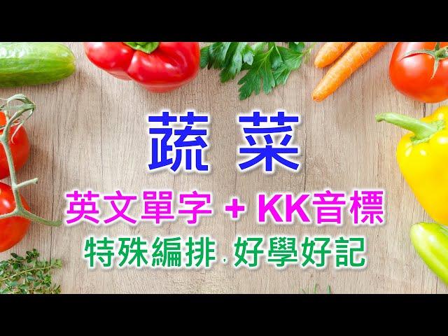 蔬菜英文單字共25個+KK音標，看音標學單字。相同情境一起學，快速擴充單字量。單字記憶通，好唸，好記，學得快，增加學習樂趣，快速學習大量單字。