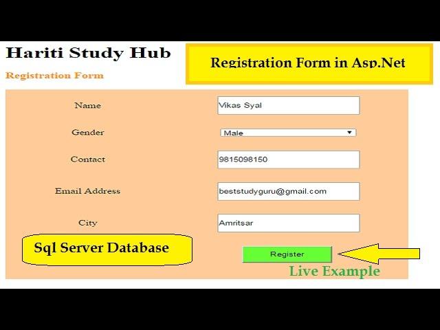 Registration Form in Asp.Net C# with Sql Server Database | Live Example | Online Classes