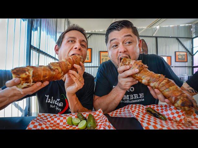 Mexican Street Food!!  Giant BACON WRAPPED BURRITO + Tostilocos!!