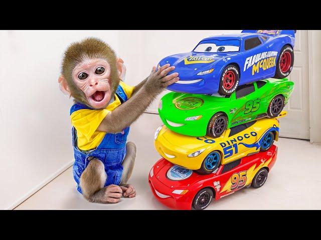KiKi Monkey shopping Lightning McQueen Car & Monster Truck in Colors with Puppy |KUDO ANIMAL KIKI