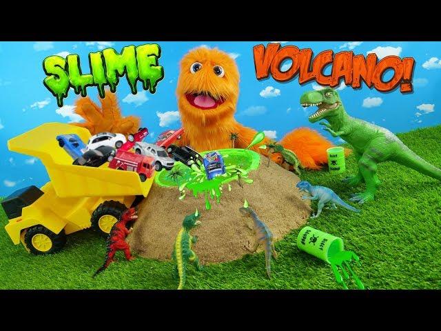 GREEN SLIME Volcano filled with cars & dinosaurs! t-rex in metallic slime! Family Friendly dinasaurs