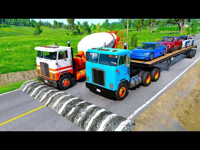 Flatbed Trailer Tracktor Truck Rescue Stuck Cars – Long Cars vs Rail Road and Trains BeamNG