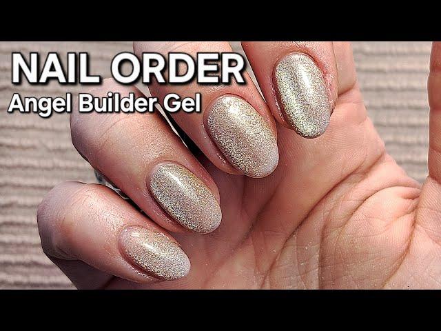 NAIL ORDER RAPTURE ANGEL BUILDER GEL OVERLAY ON NATURAL NAILS ON NON DOMINANT HAND - BLUESKY CAT EYE