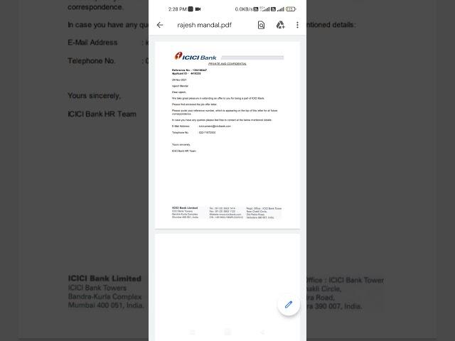 My joining letter from icici bank phone banking officer