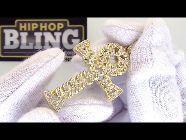 .925 Sterling Silver Gold Cuban Ankh Cross Bling Bling CZ