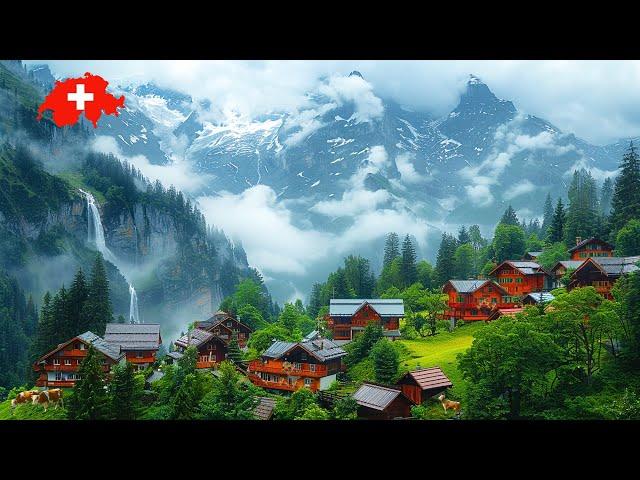 Wengen SWITZERLAND - Walking in the Rain  Most Beautiful Villages in Switzerland 4K