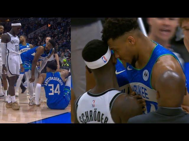 Giannis headbutts Dennis Schroder for taunting while he was down after hard foul 