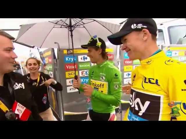 Chris Froome always gets a smile on his face seeing Peter Sagan in the mixed zone.