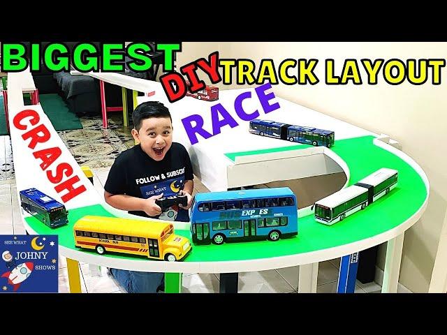 Biggest DIY Bus Track Layout With School Bus VS MTA Bus VS Double Decker Bus Crash Race