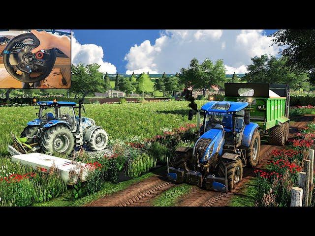 Spreading Lime & Mowing grass w/ New Holland T6.180 - Farming Simulator 19 | Logitech g29 gameplay