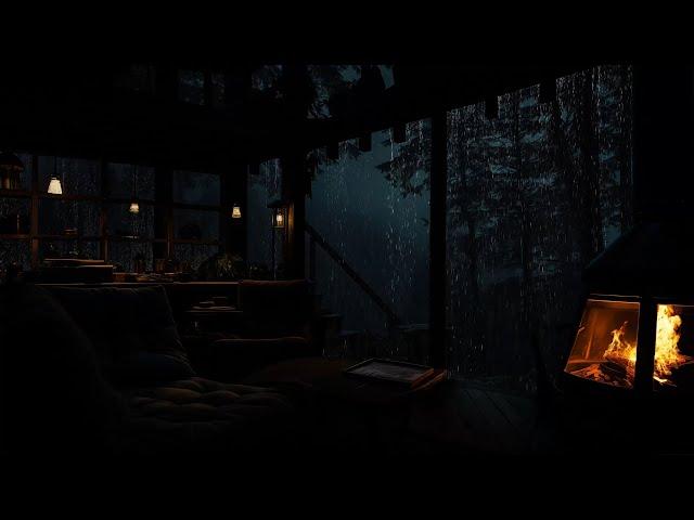 Night Rainfall and Fireplace Sounds | Cabin in the Woods with Rain Sounds