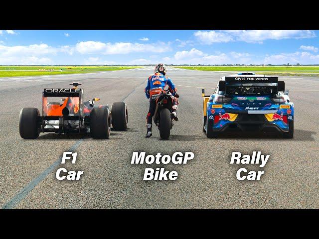 F1 Car vs MotoGP Bike vs Rally Car: Ultimate Drag Race!