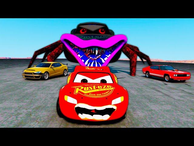 Race for Survival: Lightning McQueen vs Giant Spider-Legged Monster in Beamng Drive