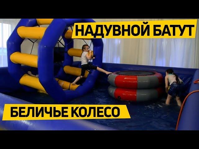 Inflatable attractions: round trampoline and squirrel wheel. Children's entertainment