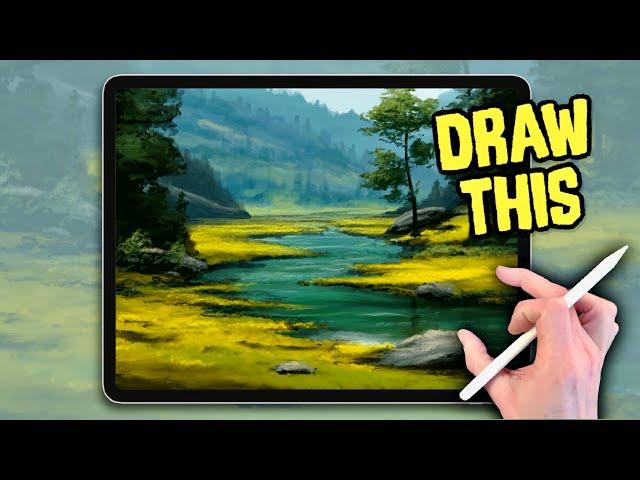 EASY PROCREATE Landscape Drawing Tutorial - Summer River
