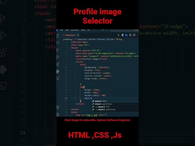 Profile Image Insertion || image without image name Label #coding #html #css #javascript #python