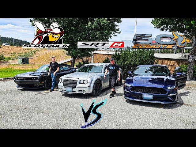 Mustang GT 10 speed vs Scatpack Challenger vs Chrysler 300 SRT8! (The Ultimate Roll Race!)