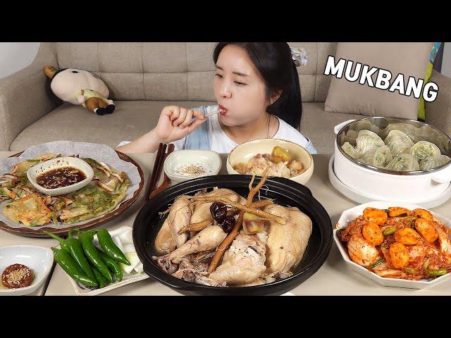 cooking Mukbang :) Samgyetang, Spicy Chilli Squid Pancakes, fresh kimchi.