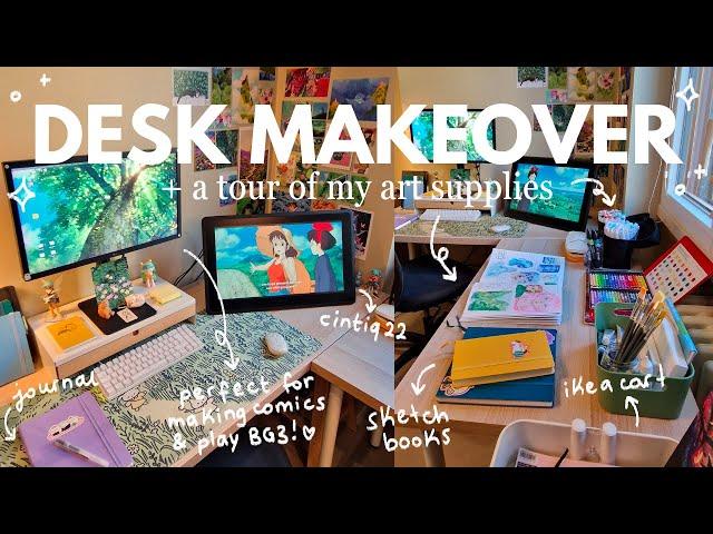 home office makeover ⋆˙ art supplies + minimal & cozy desk setup