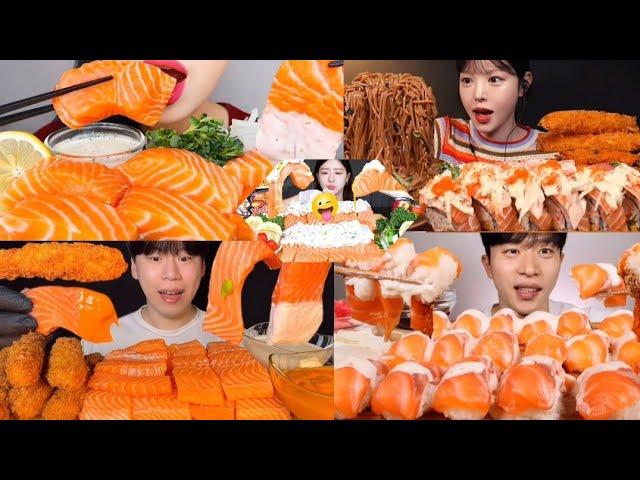 CREAM SAUCE SALMON SUSHI  SASHIMI ASMR MUKBANG COMPILATIONBIG BITES KOREAN SALMON SUSHI MUKBANG