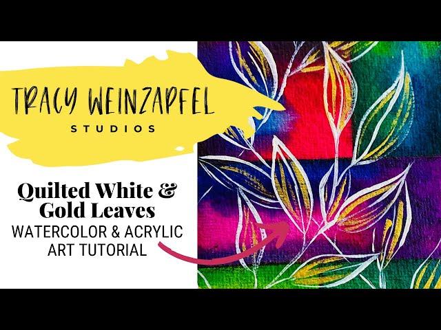 Quilted White & Gold Leaves (Watercolor & Acrylic Paint Art Tutorial)