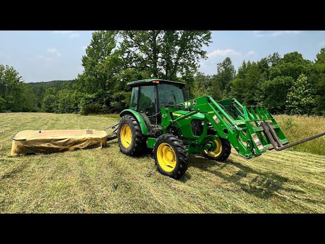 John Deere 5075E & Krone Disc Mower Cutting 1st Cut Hay.