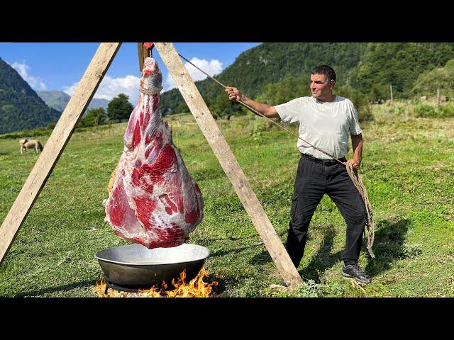 Rustic Cooking of a Huge KFC Leg! Village Gastronomy